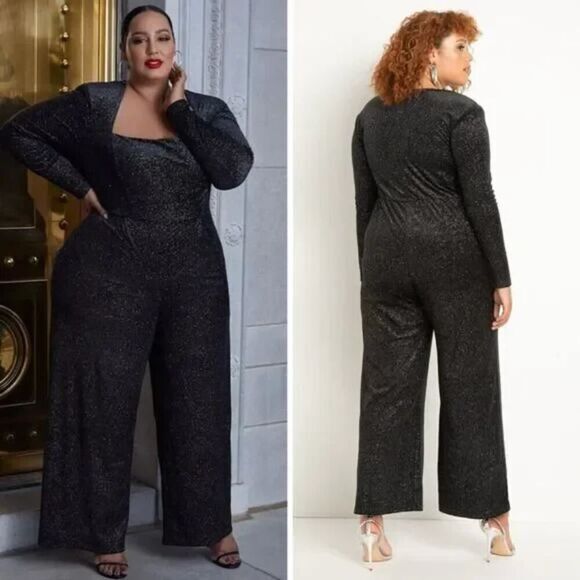 NEW Eloquii‎ black Strong Shoulder Velvet Jumpsuit glitter , 22 - Picture 2 of 16